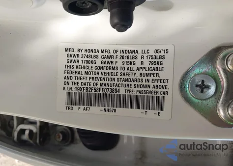 2015 Honda Civic Lx z USA, uszkodzony, nr VIN 19XFB2F58FE073894